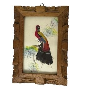 Vintage Mexican Folk Art Feather Craft Bird Picture Carved Frame 7 X 5